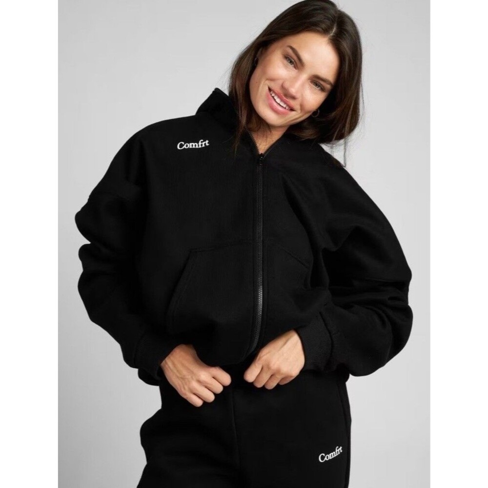 Comft Women’s Oversized Zip Up Hoodie Black Sz S